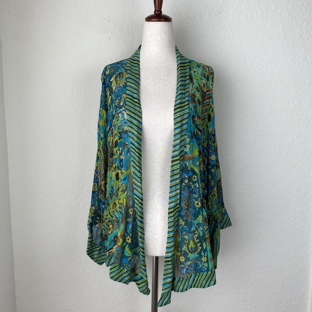 Coldwater Creek Size L Green Blue 100% Silk Kimono Topper Jacket Flowing
